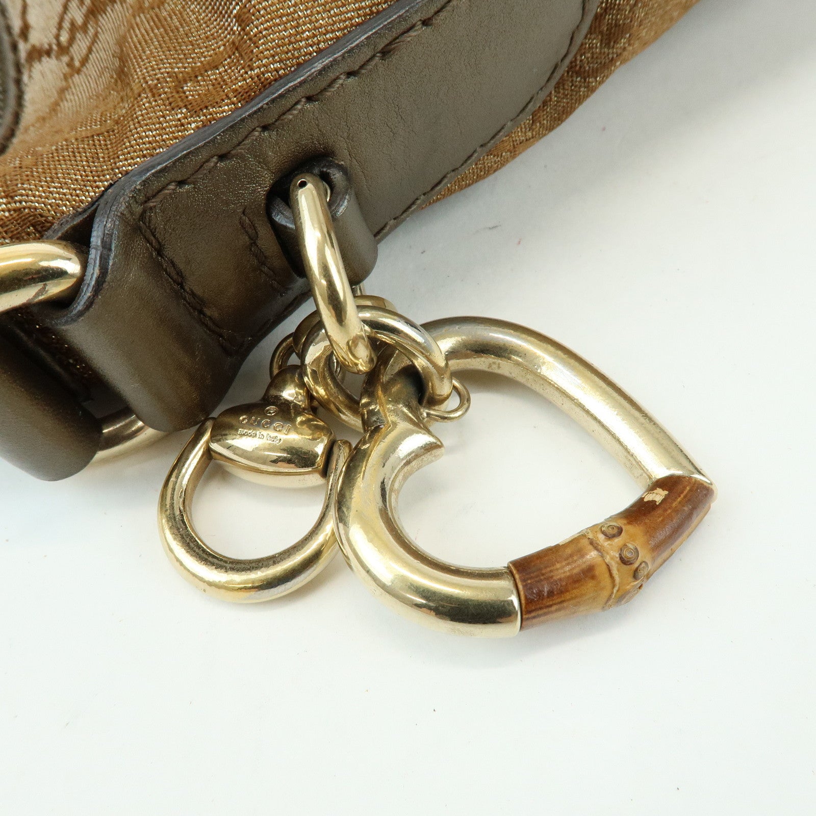 GUCCI Heart Bit GG Canvas Leather Shoulder Bag Bamboo Charm 269958
