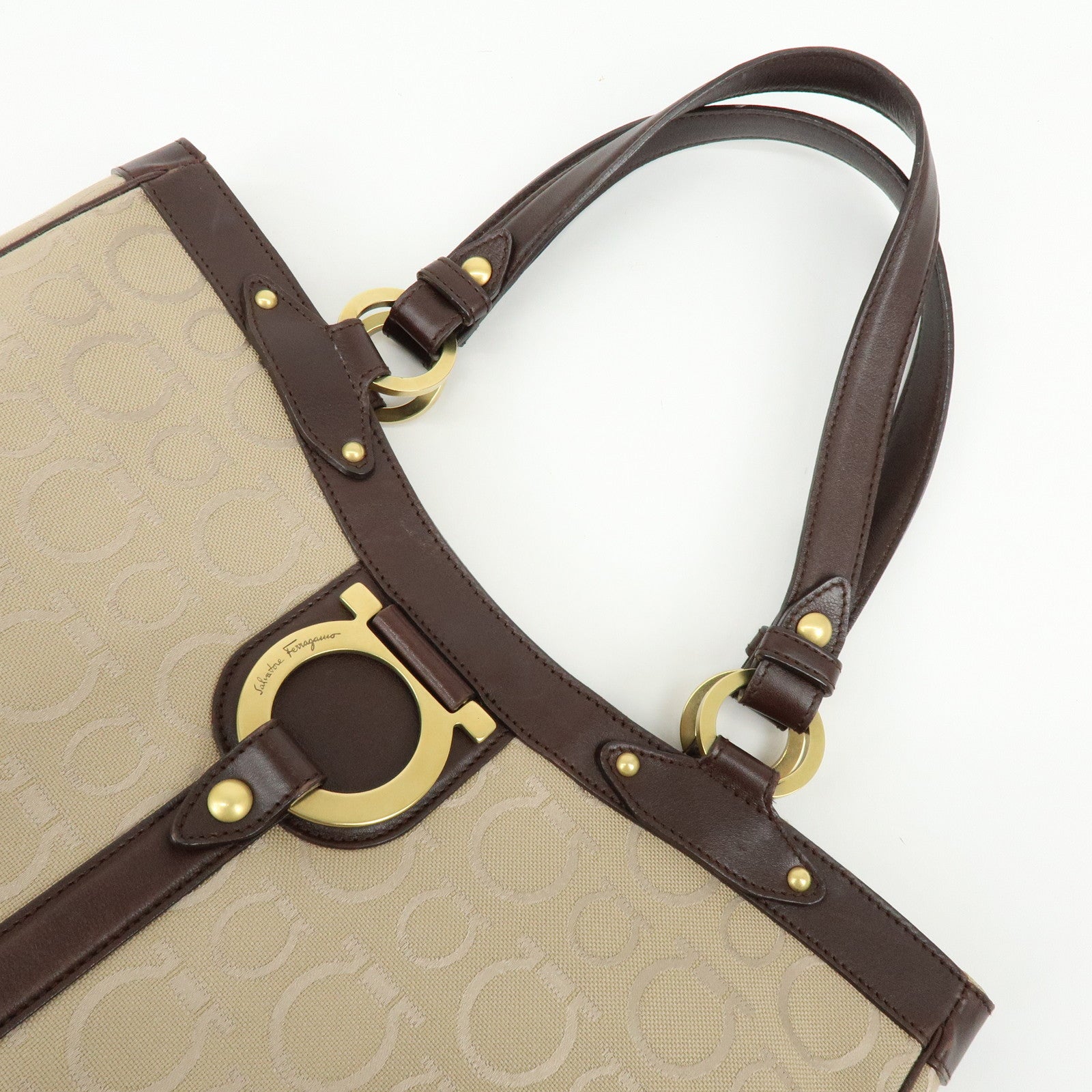 Ferragamo Gancini Canvas Leather Tote Bag Hand Bag Beige Brown