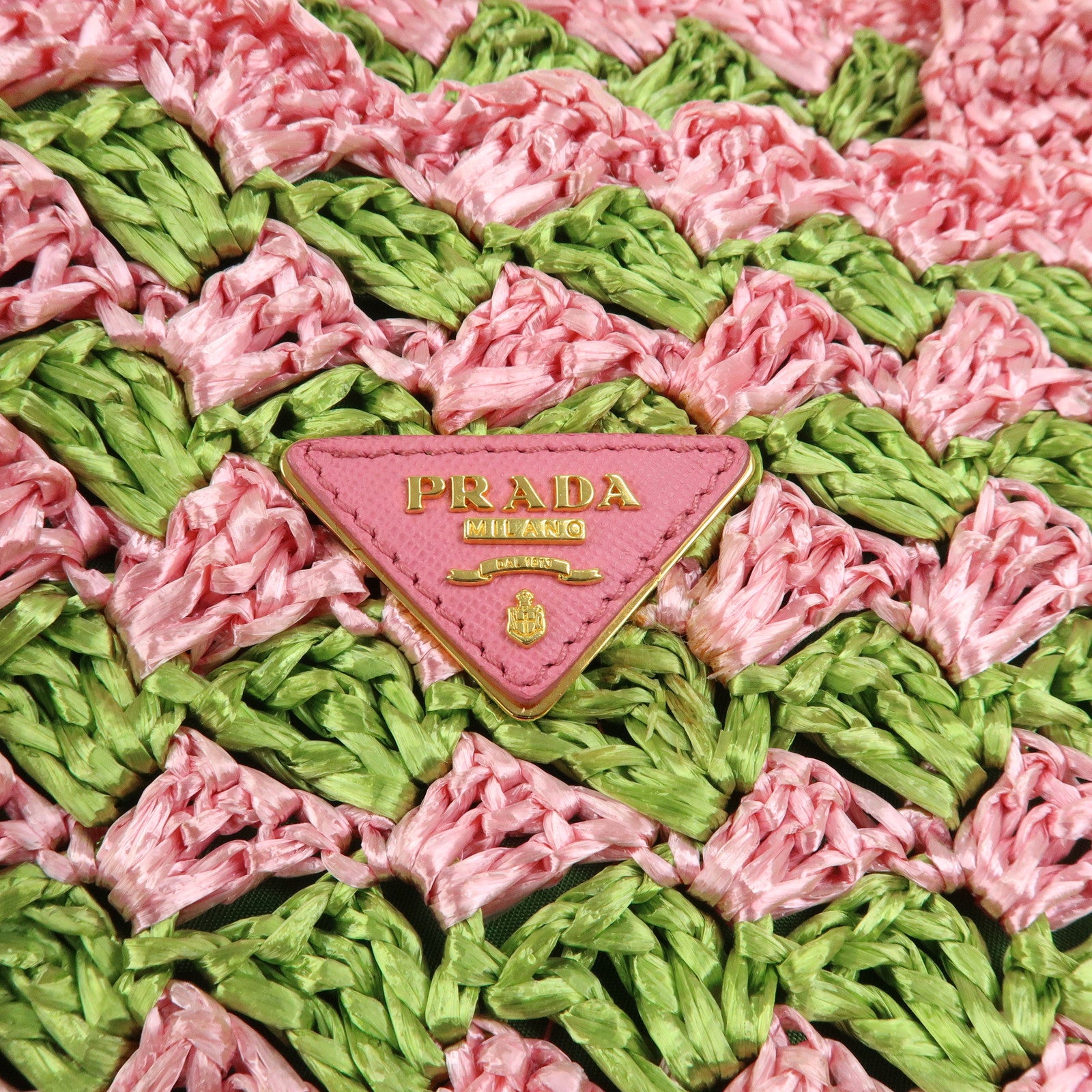 PRADA Triangle Logo Canapa Raffia Tote Bag Hand Bag Pink Green