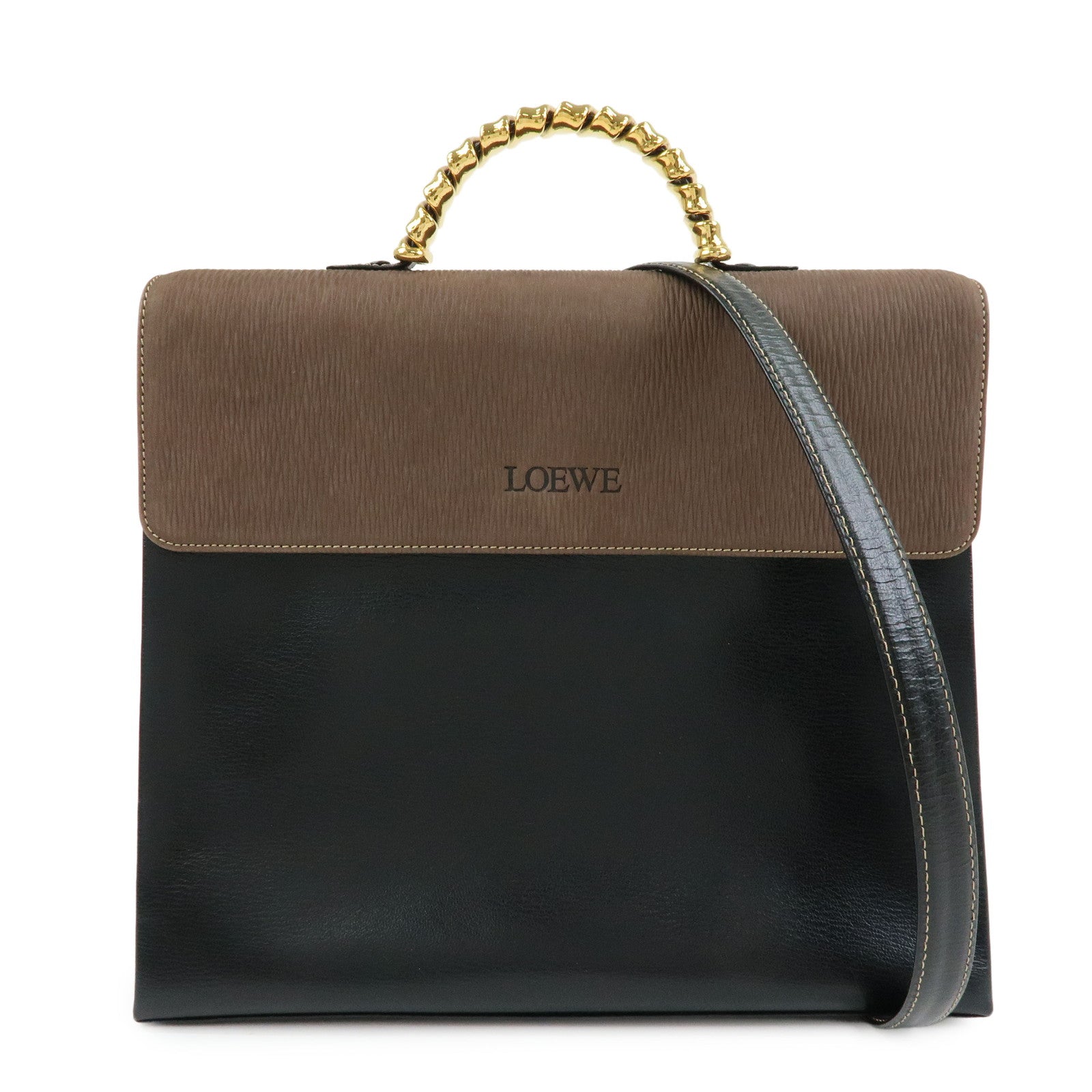 LOEWE Velazquez Leather Suede 2Way Bag Hand Bag Twist Handle Moca Black
