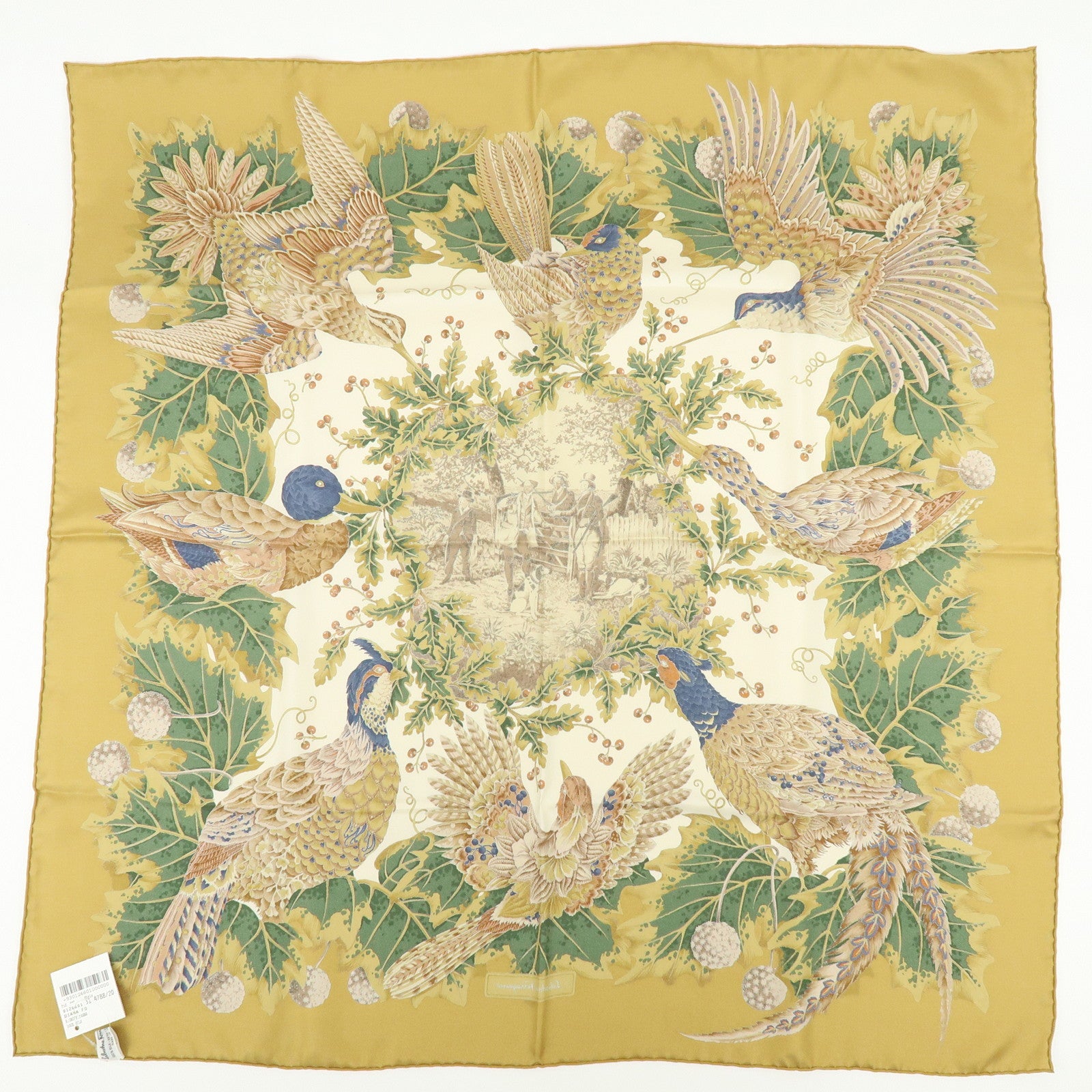 Ferragamo Silk 100% Scarf Bird Print Khaki Brown