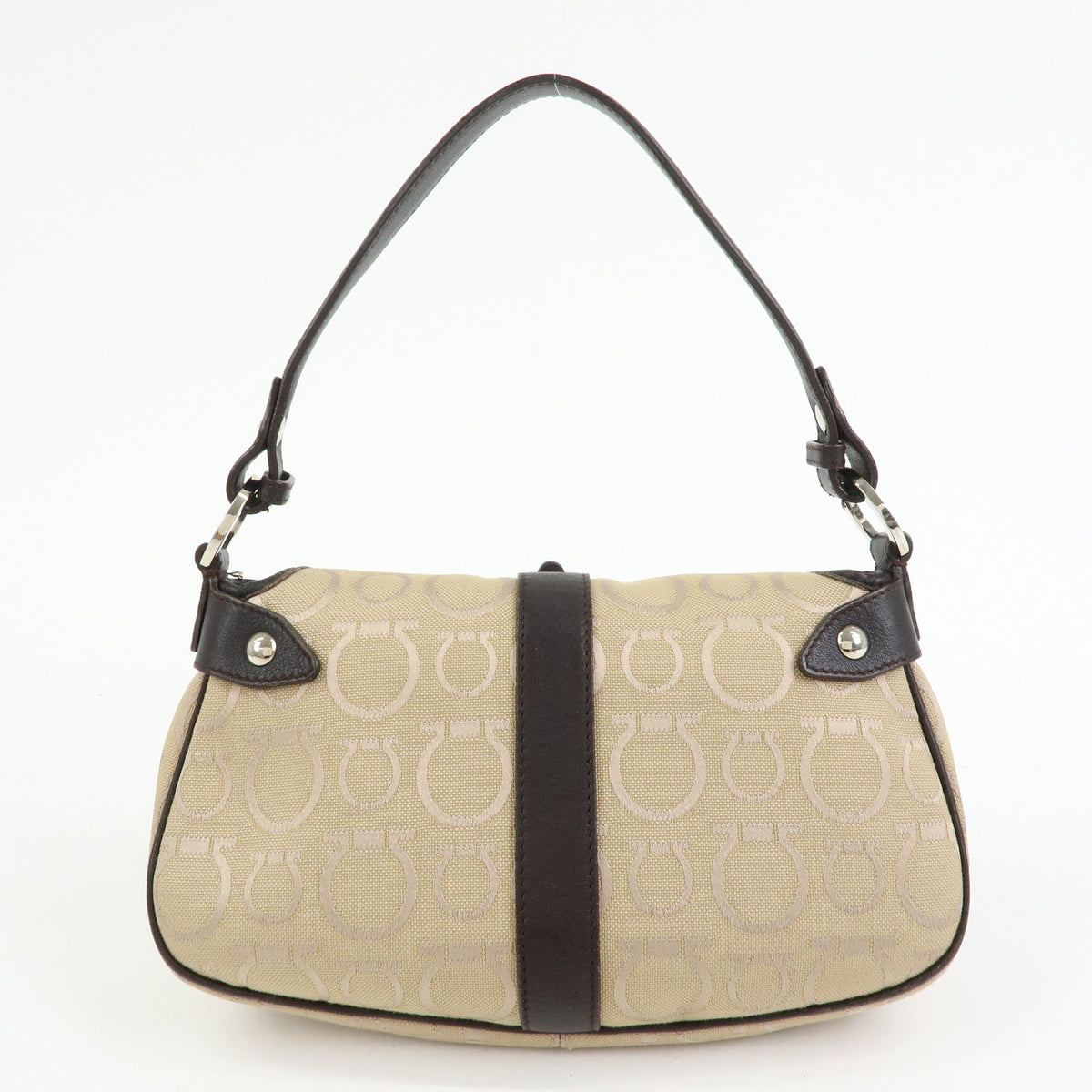 Ferragamo Gancini Jacquard Canvas Leather Hand Bag Beige Brown