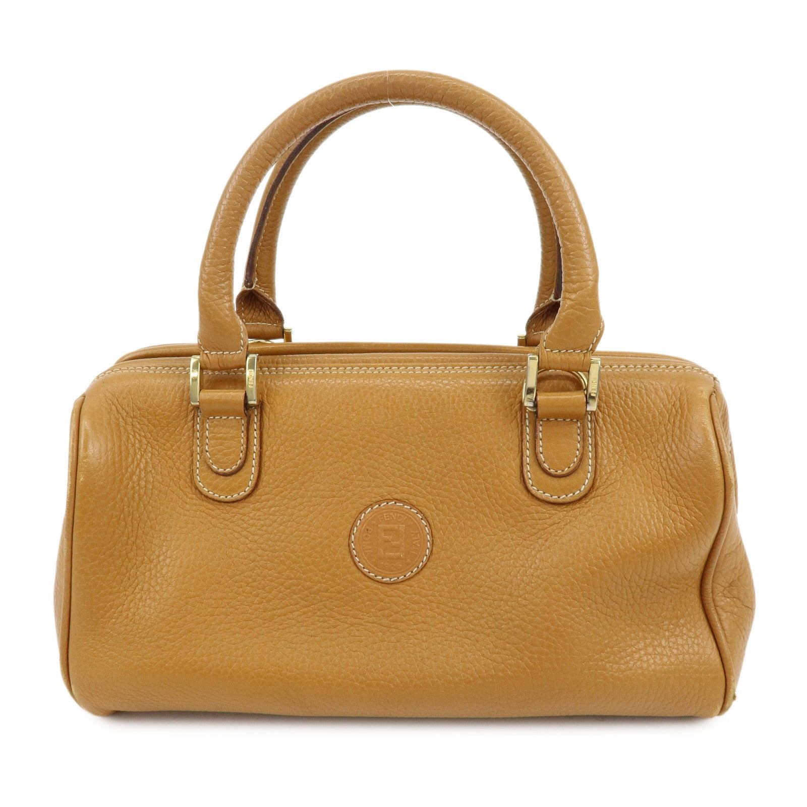 FENDI FF Logo Leather 2Way Bag Hand Bag Boston Bag Camel