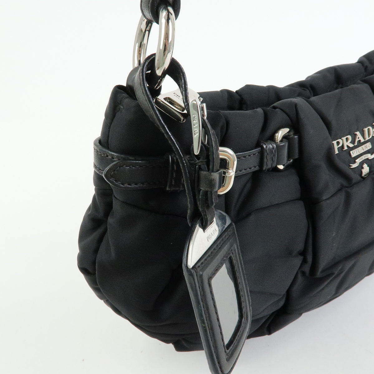 PRADA Tessuto Gathered Nylon Leather Shoulder Bag Hand Bag Black BN1704