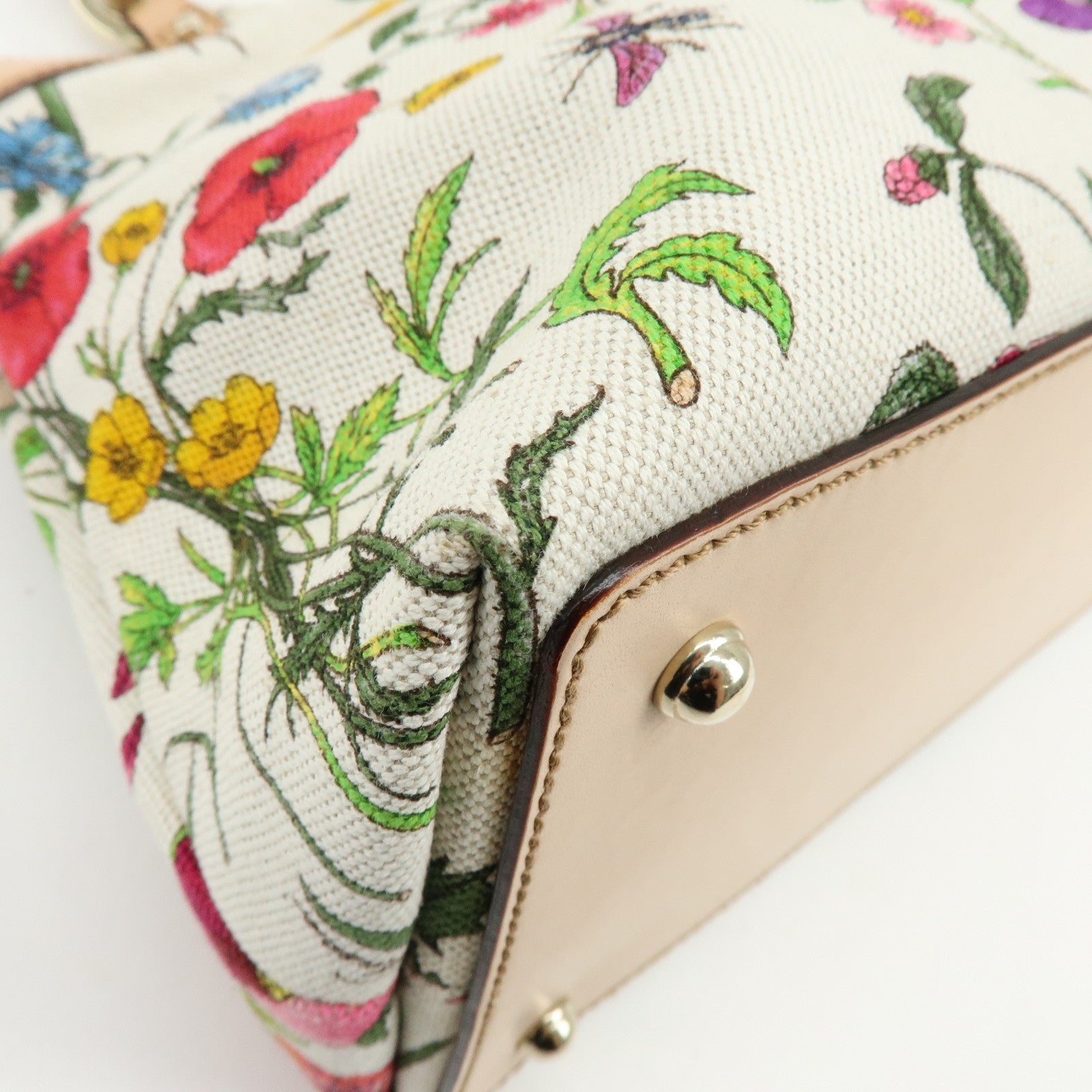 GUCCI Bamboo Flora Canvas Leather Hand Bag Multicolor Beige 137395