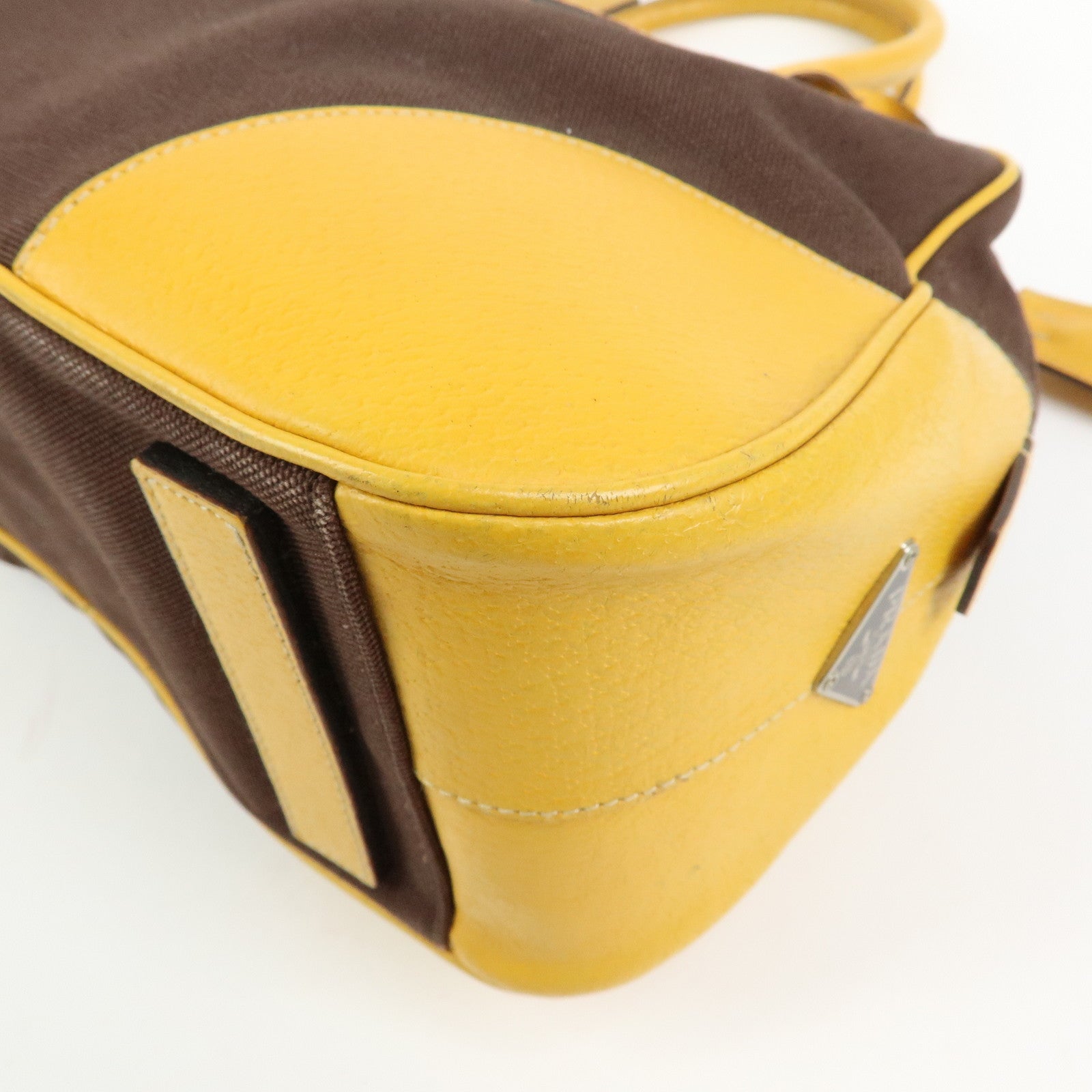 PRADA Triangle Logo Canvas Leather Boston Bag Brown Yellow B10813