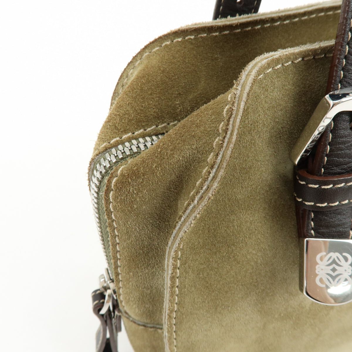 LOEWE Anagram Suede Leather Hand Bag Tote Bag Studs Khaki Brown