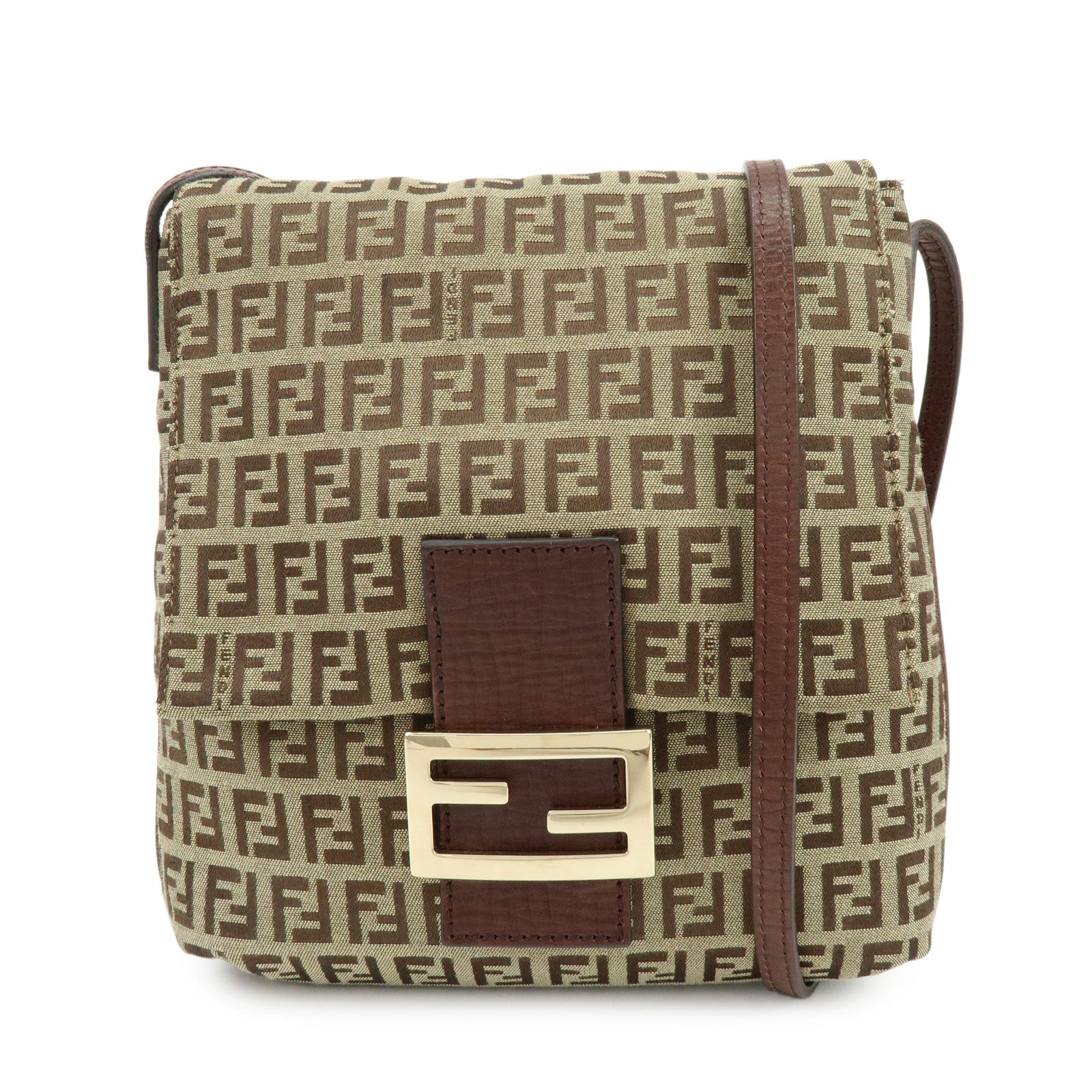 FENDI Zucchino Canvas Leather Shoulder Bag Beige Brown 8BT075
