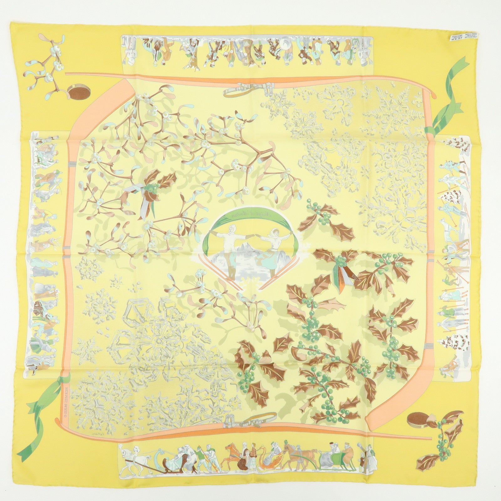 HERMES Carre 90 Silk 100% Scarf  Neige d'Antan Yellow