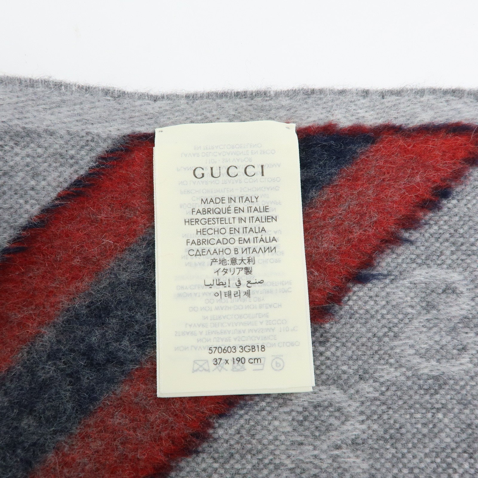 GUCCI Sherry Wool Alpaca Scarf Stole Gray Navy Red