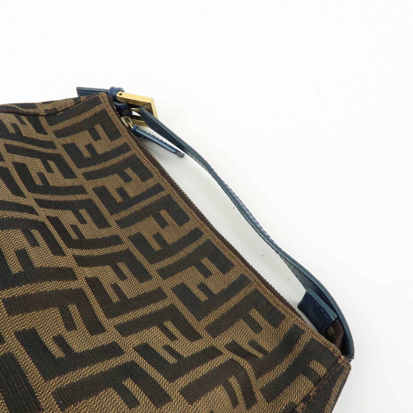 FENDI Zucca Canvas Leather Hand Bag Accessory Pouch Brown Blue 8N0005