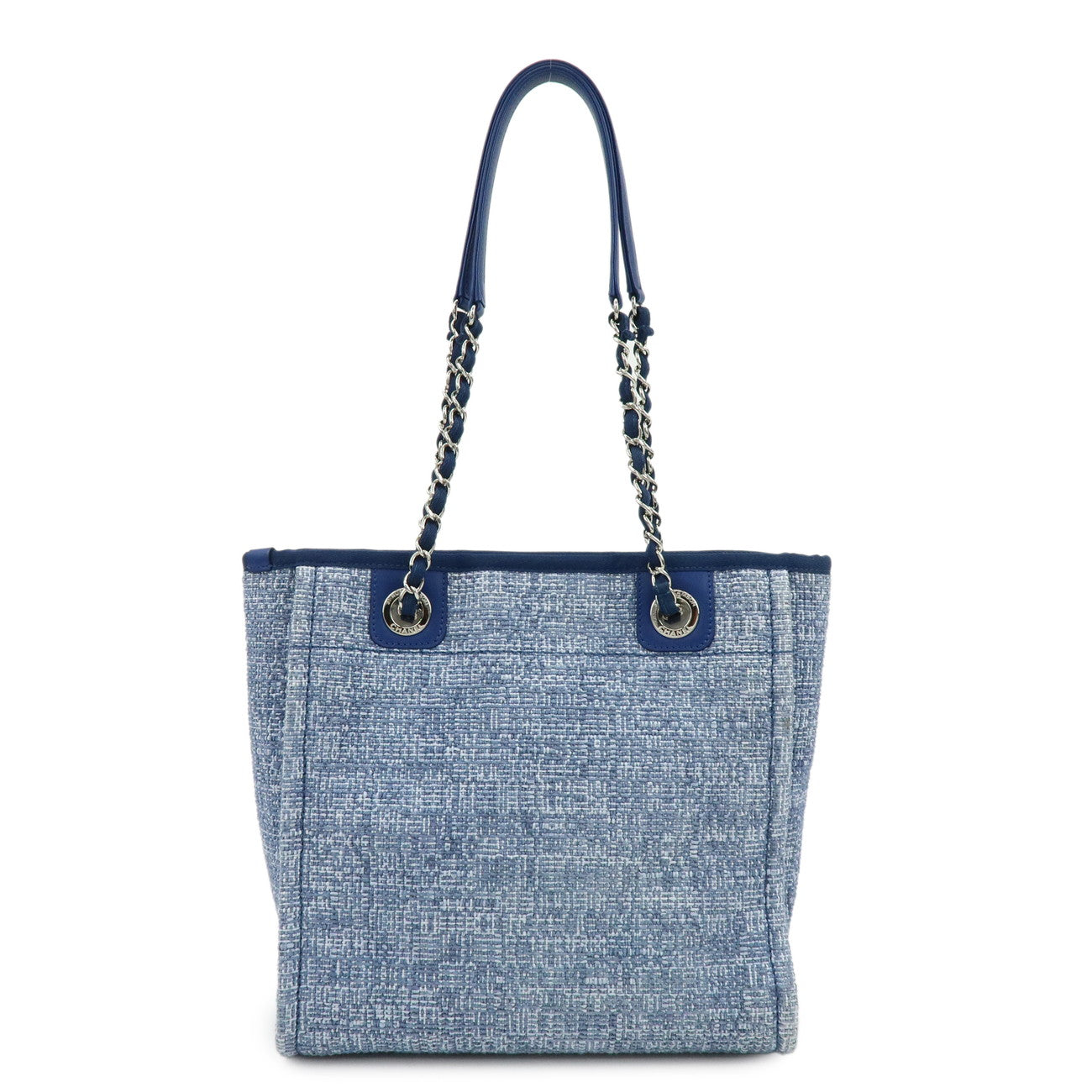 CHANEL Deauville PM Jaquard Canvas Leather Chain Tote Bag Blue A66939