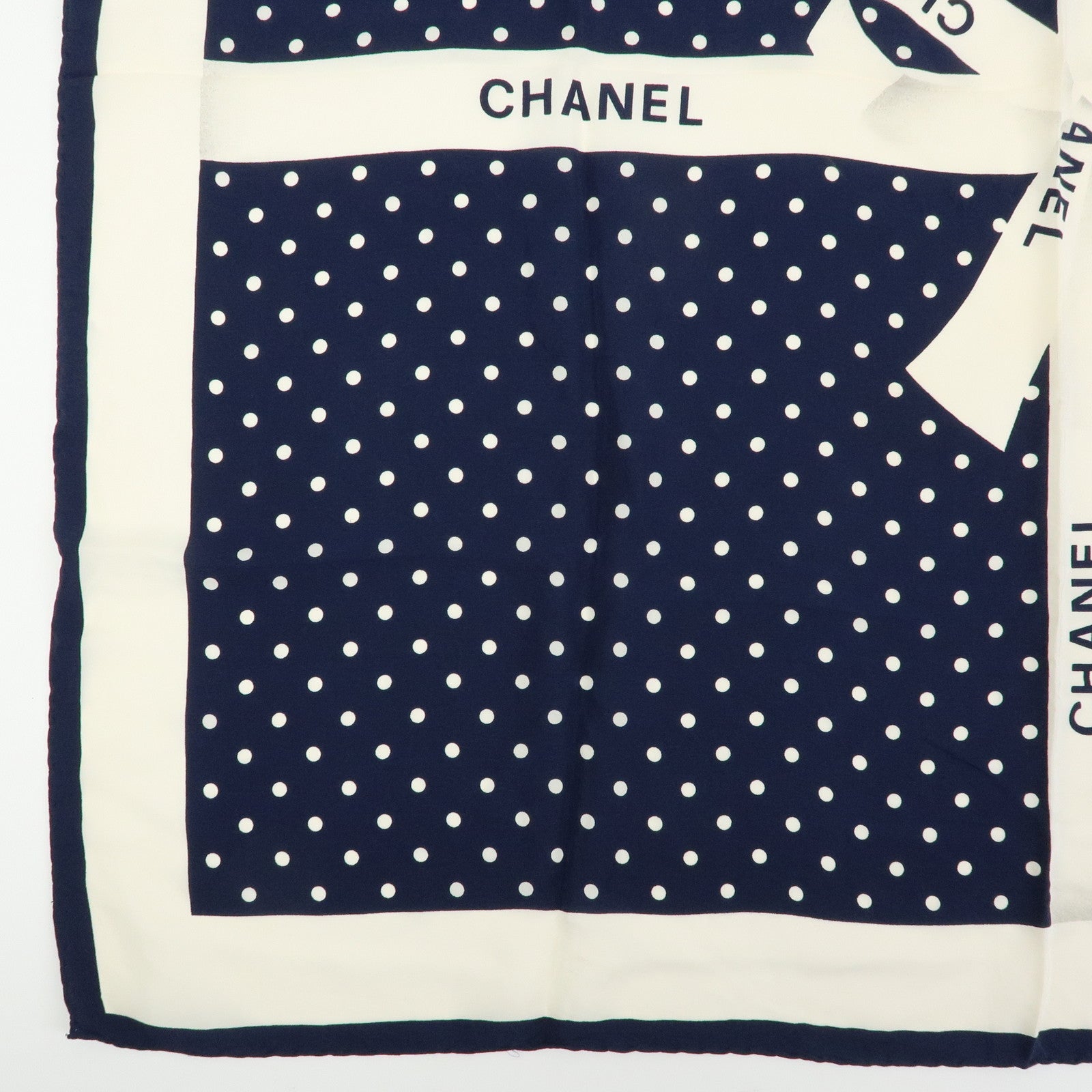 CHANEL Silk 100% Scarf Poka Dots Ribbon Design White Navy