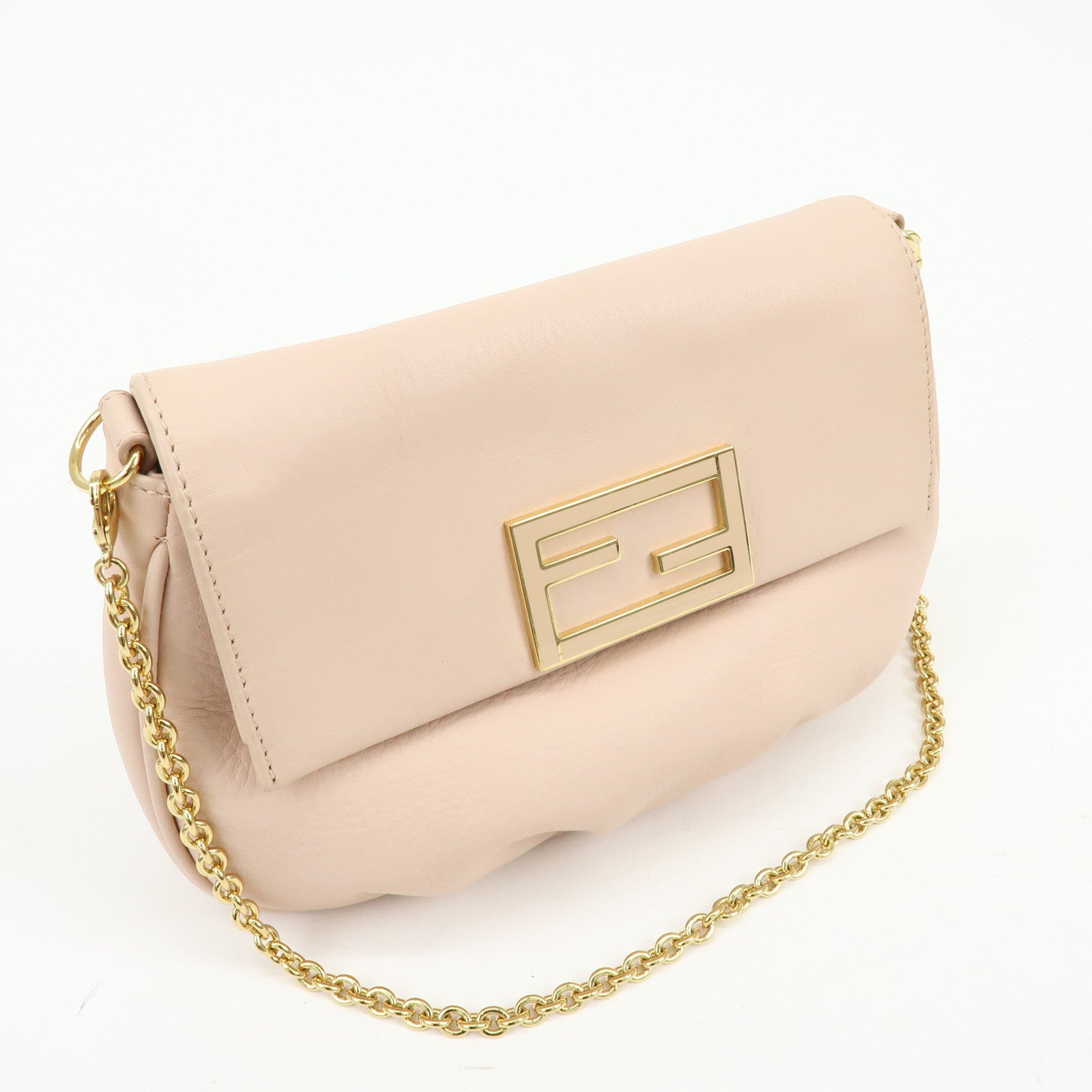 FENDI Leather Chain Shoulder Bag Crossbody Bag Pink Beige 8M0276