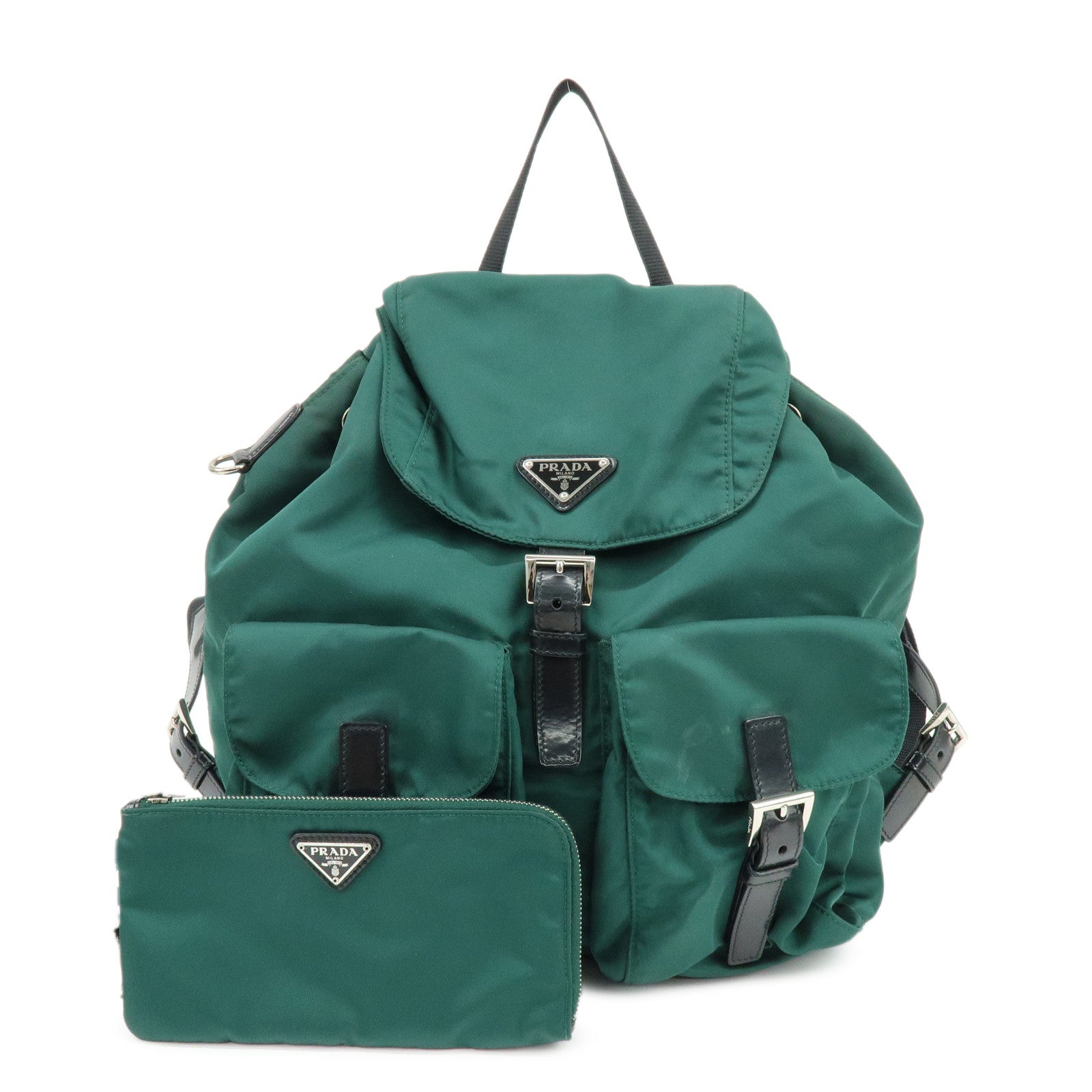 PRADA Triangle Logo Nylon Leather Backpack Rucksack Green Black 1BZ811