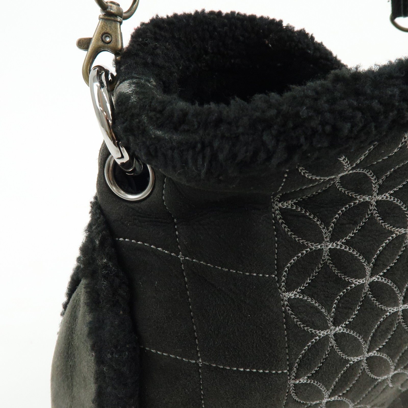 CHANEL Mouton Fur Leather Shoulder Bag with Strap Set Black