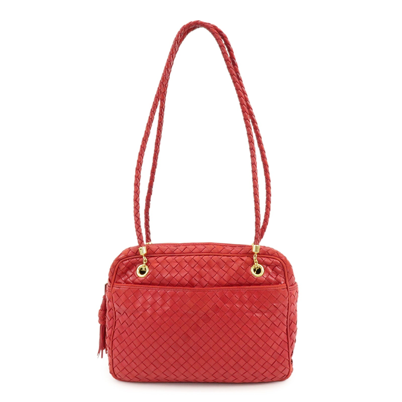 BOTTEGA VENETA Intrecciato Leather Shoulder Bag Tassel Red