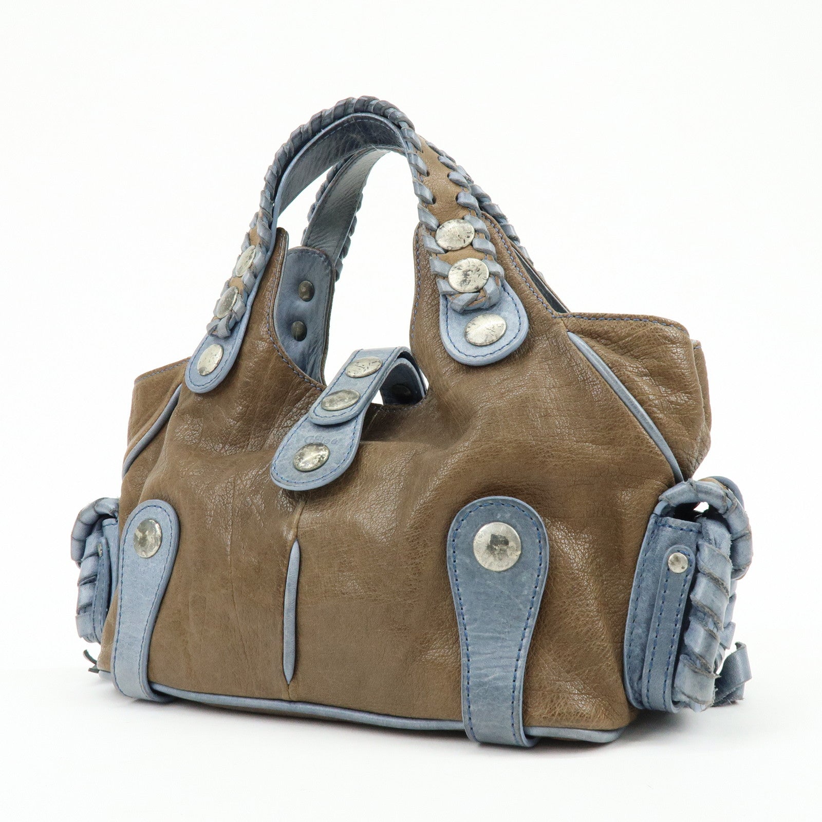 Chloe Silverado Leather Hand Bag Tote Bag Blaided Studs Brown Blue