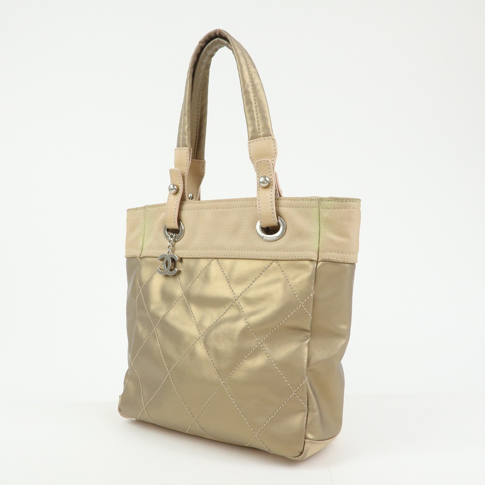 CHANEL Paris Biarritz PM Coated Canvas Leather Tote Bag Gold A34208