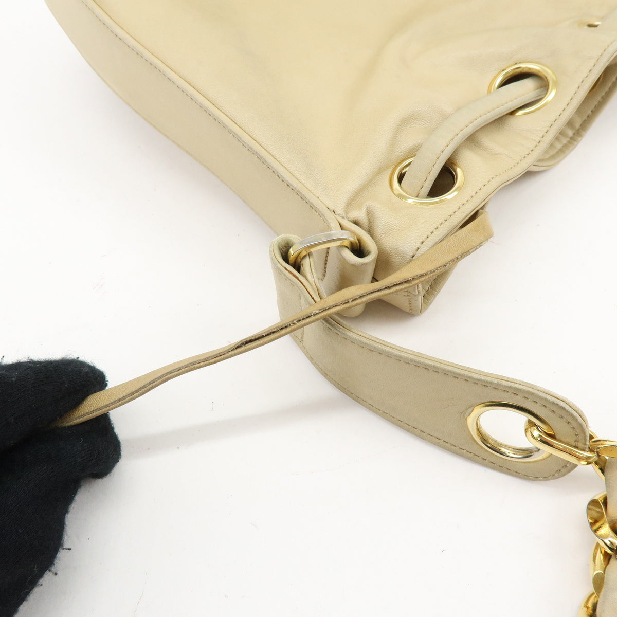 CHANEL Lamb Skin Bucket Chain Shoulder Bag Beige A01349