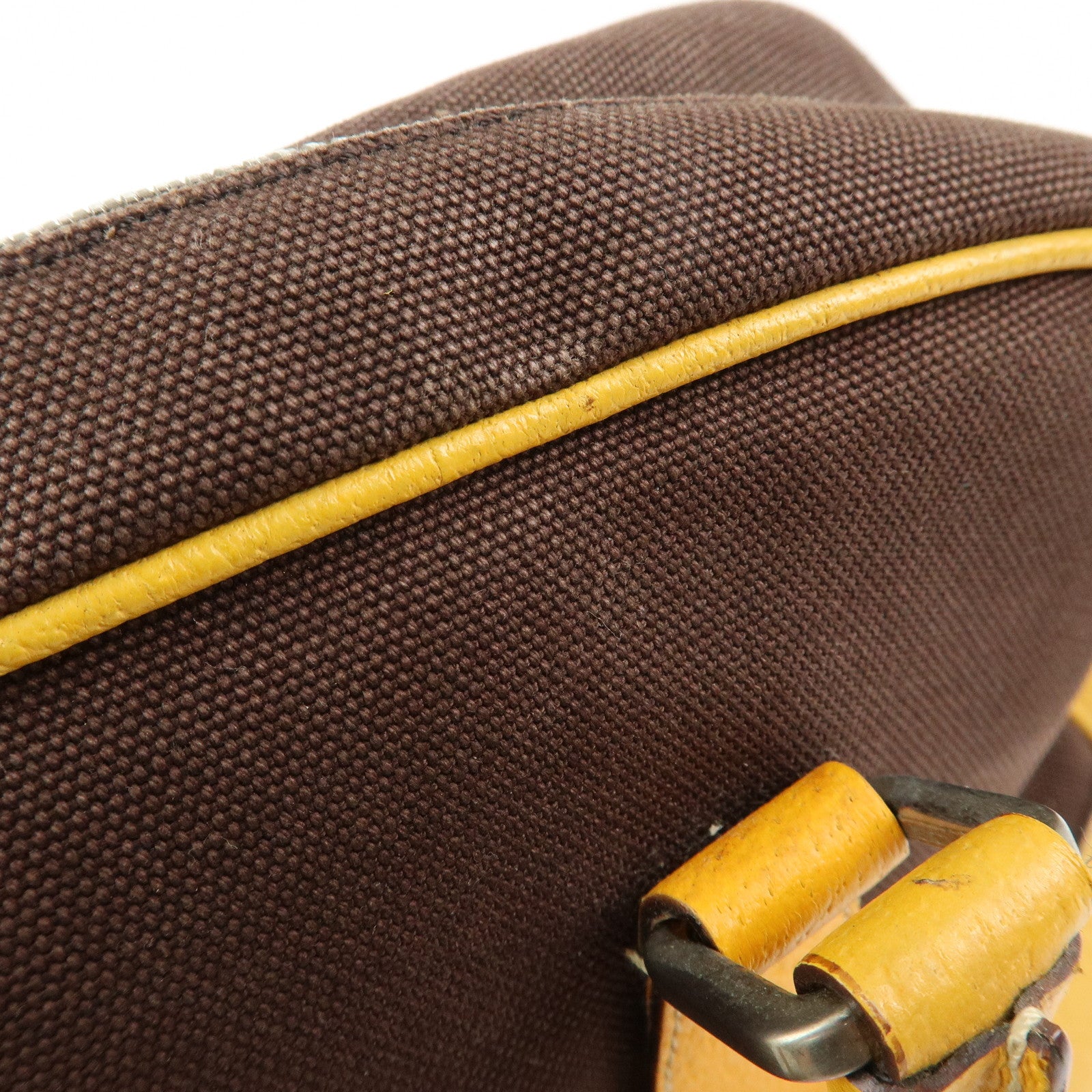 PRADA Triangle Logo Canvas Leather Boston Bag Brown Yellow B10813