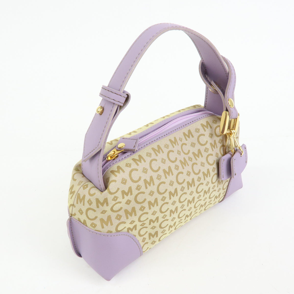 MCM Visetos Jacquard Canvas Leather Mini Hand Bag Beige Purple