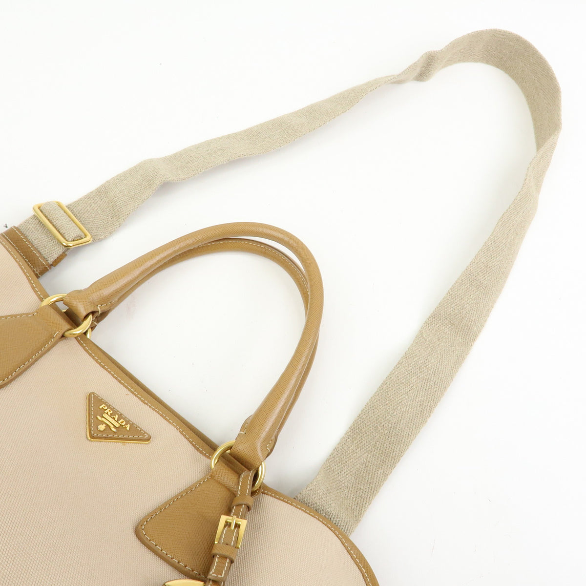 PRADA Triangle Logo Canapa City Canvas Saffiano Leather 2Way Bag Beige
