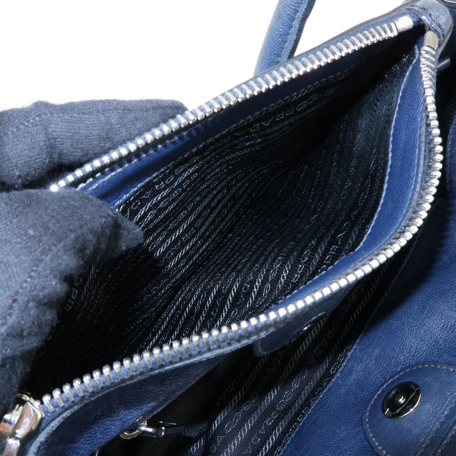 PRADA Triangle Logo Leather 2Way Bag Tote Bag Hand Bag Navy B2625M