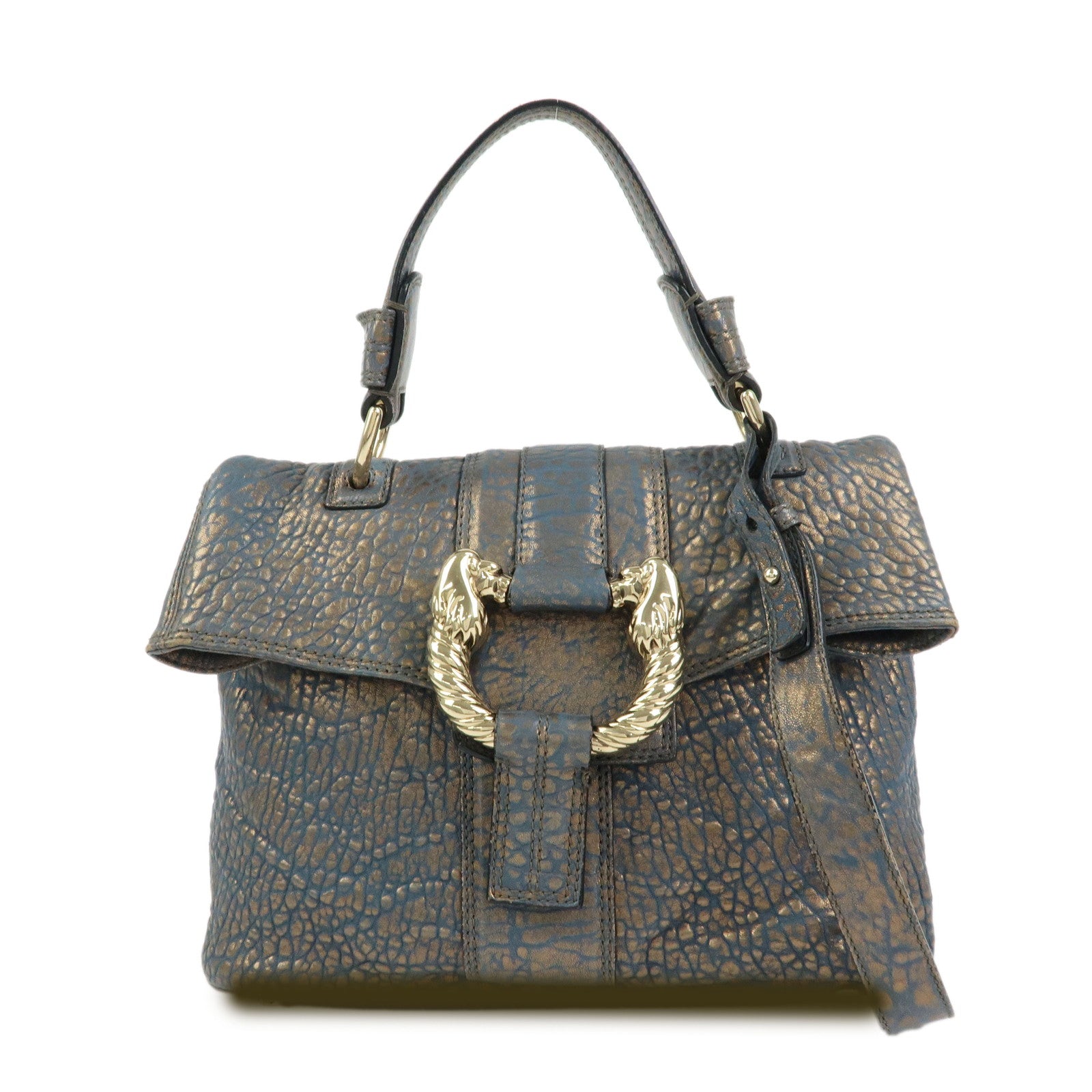 BVLGARI Leoni  Leather Top Handle 2Way Bag Shoulder Bag Blue Bronze