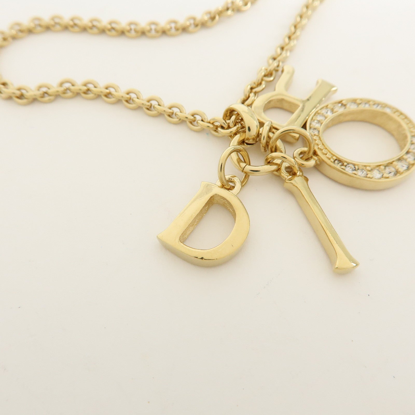 Christian Dior Logo Metal Rhinestone Pendant Necklace Gold
