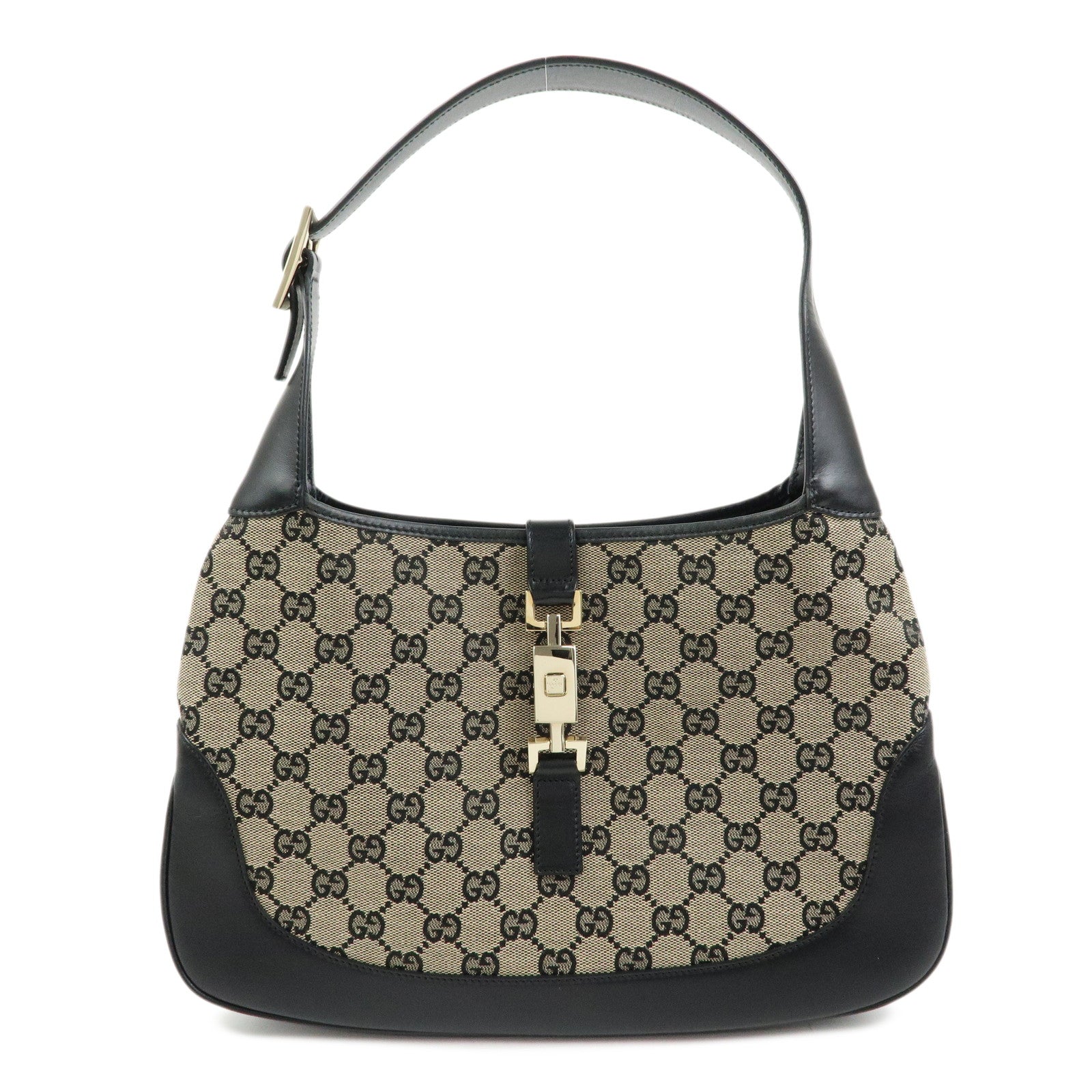 GUCCI Jackie GG Canvas Leather Shoulder Bag Beige Black 0013306
