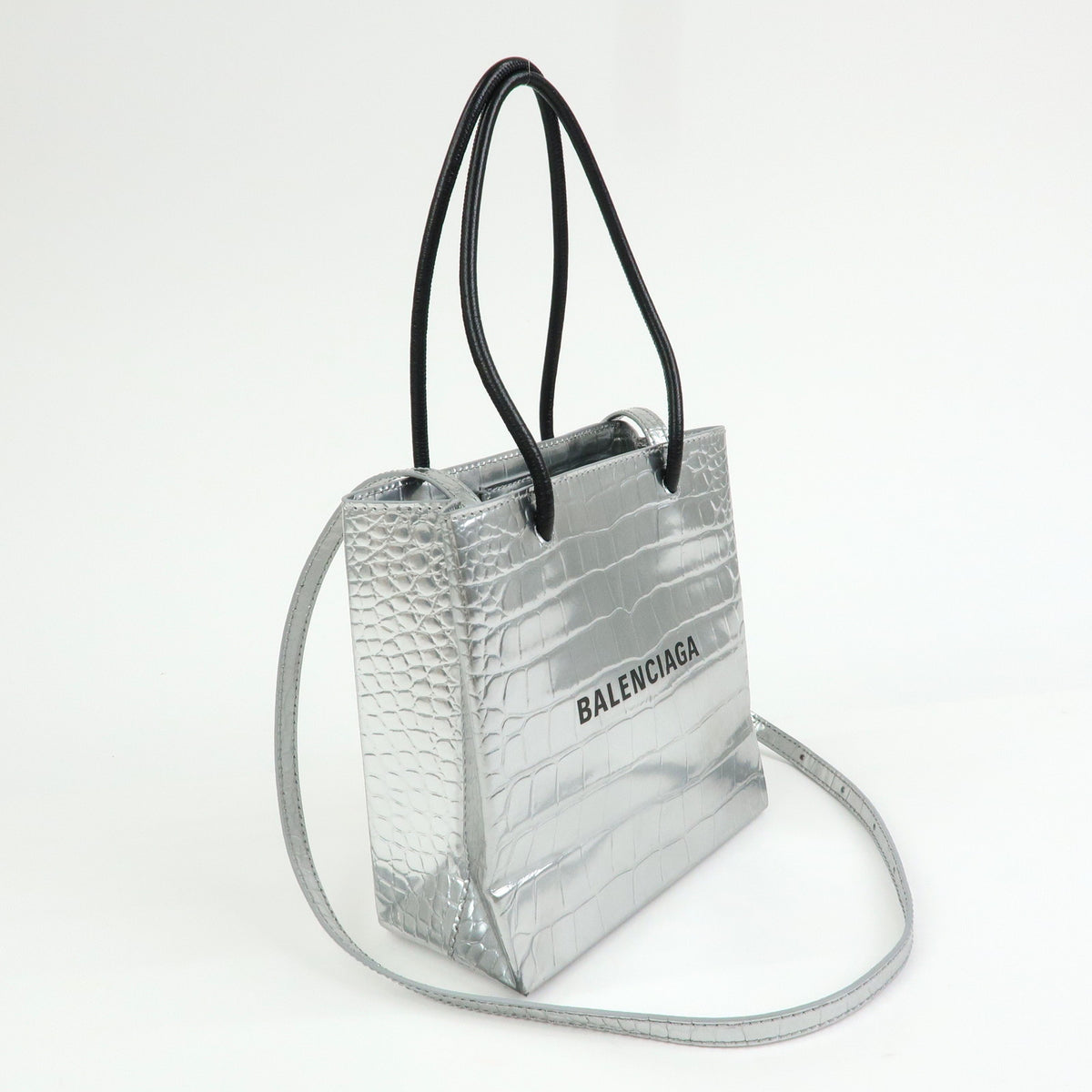 BALENCIAGA THE SHOPPING Leather 2Way Tote Hand Bag XXS Silver 597858