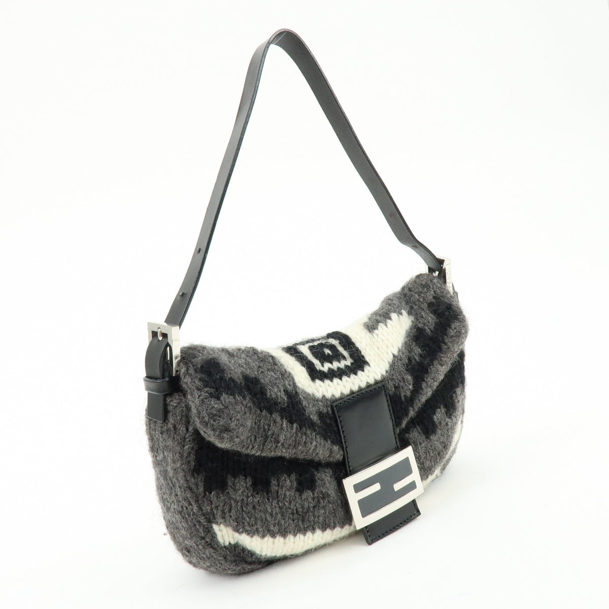 FENDI Mamma Baquette Wool Leather Shoulder Bag Black Grey White 16059