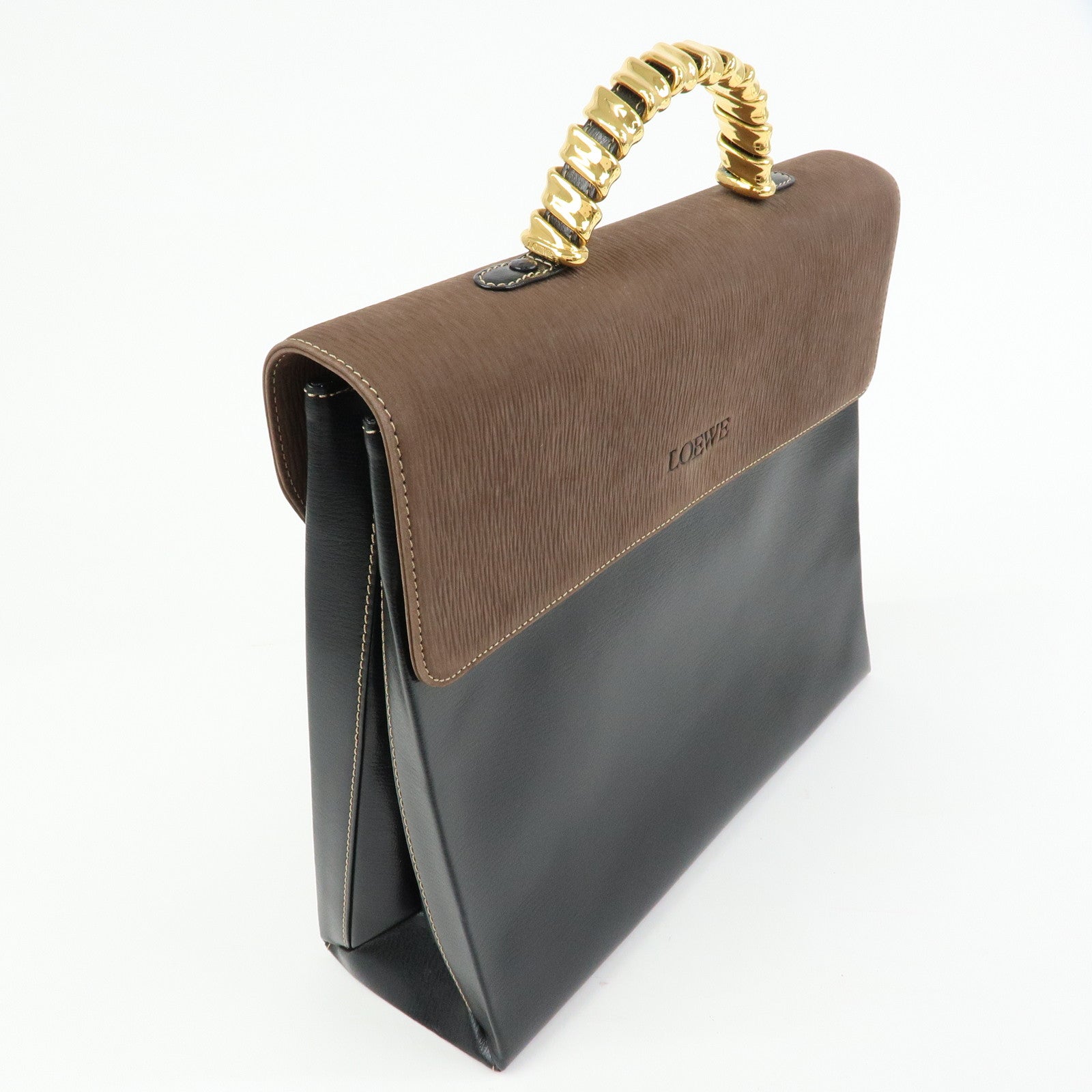 LOEWE Velazquez Leather Suede 2Way Bag Hand Bag Twist Handle Moca Black