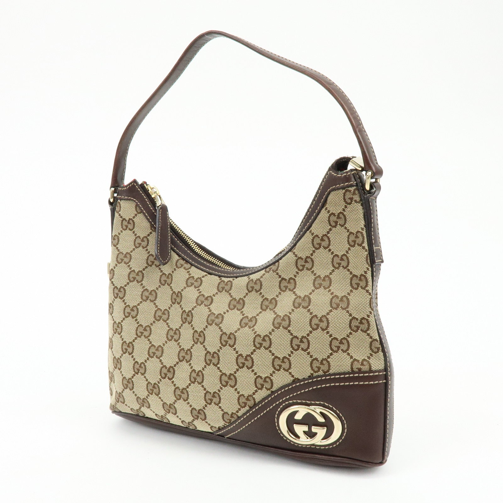 GUCCI Interlocking G Canvas Leather Shoulder Bag Hand Bag Beige Brown