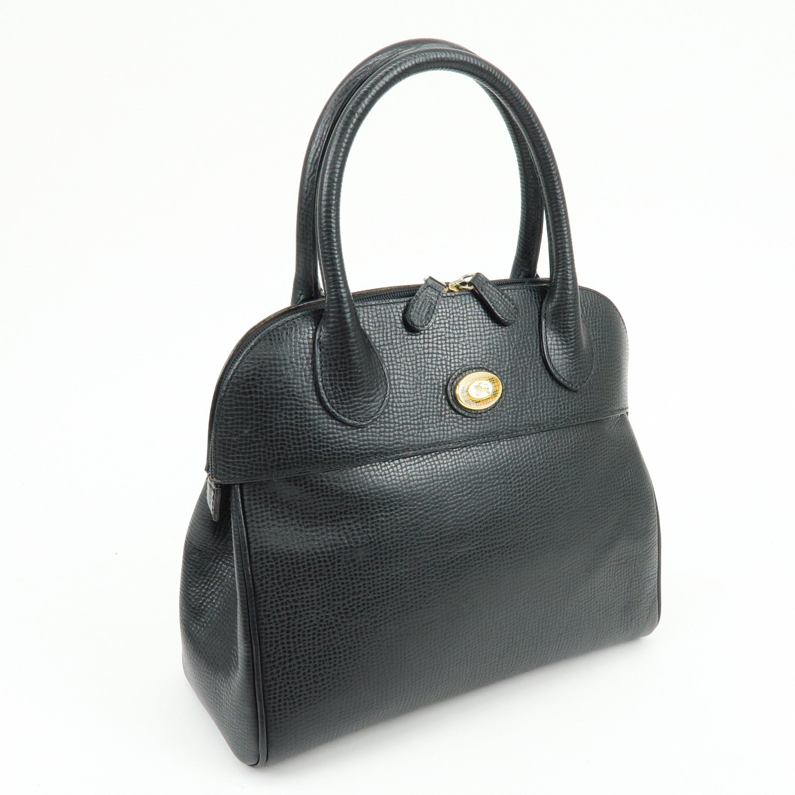 BURBERRY Embossed Leather Hand Bag Boston Bag Black