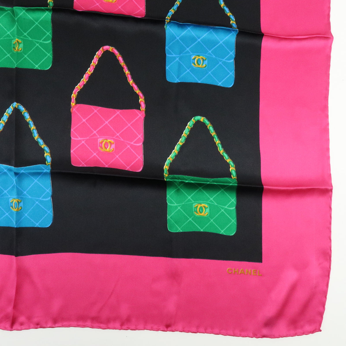 CHANEL Silk 100% Scarf Matelasse Bag Print Black Pink Green Blue