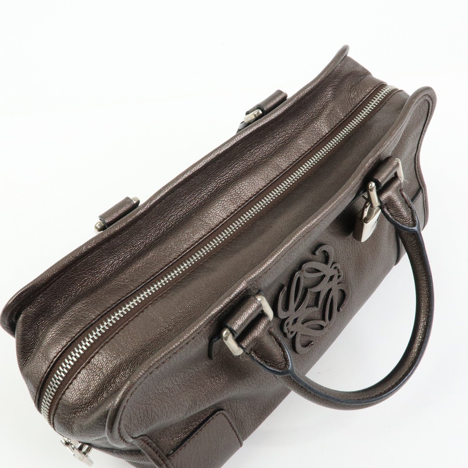 LOEWE Anagram Amazona 28 Leather Hand Bag Boston Bag Metallic Brown