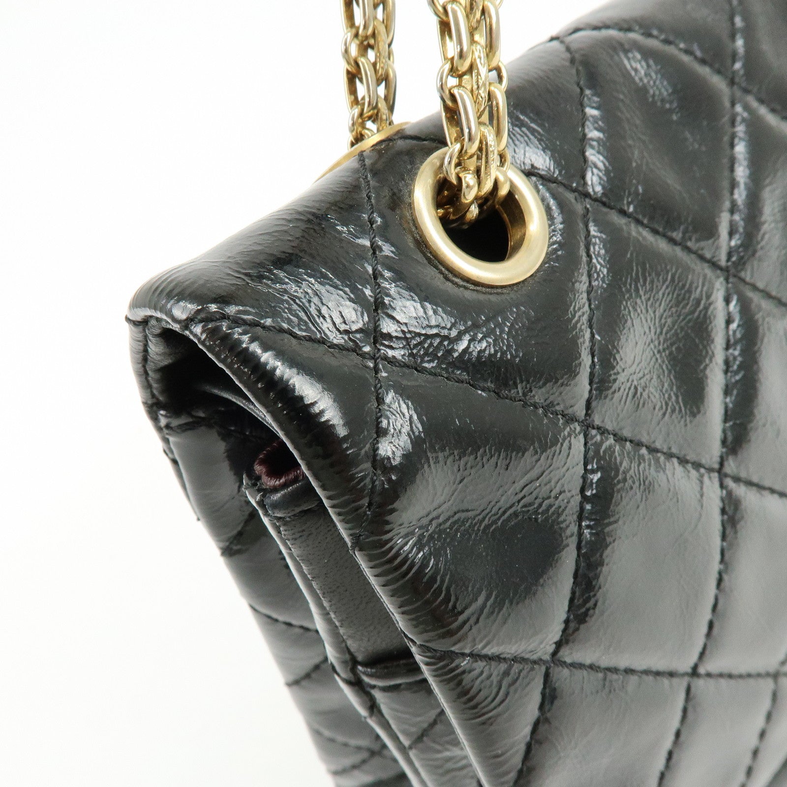 CHANEL 2.55 Patent Leather Chain Shoulder Bag Turn Lock Black