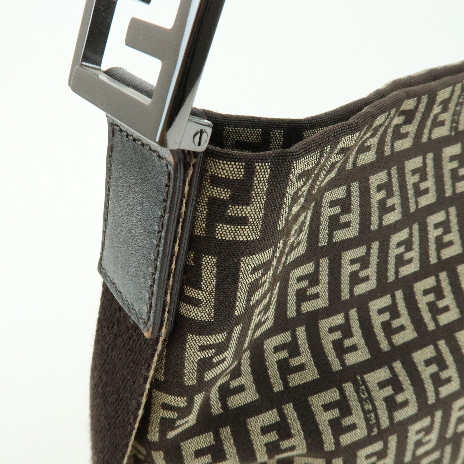 FENDI Zucchino Jacquard Canvas Leather Shoulder Bag Brown 8BR317