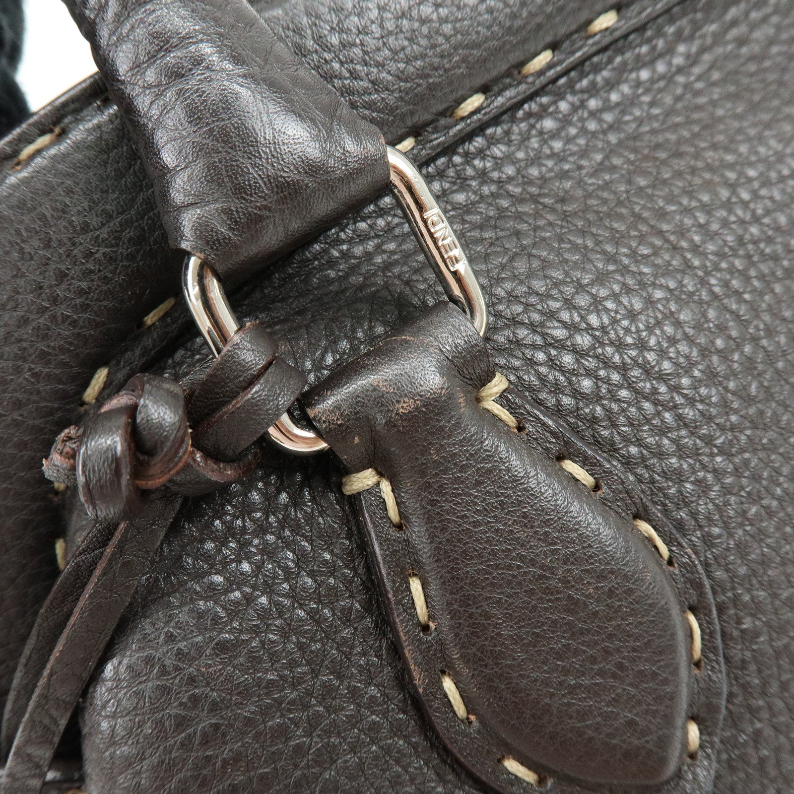 FENDI Selleria Stitches Leather Boston Bag Hand Bag Dark Brown 8BN127