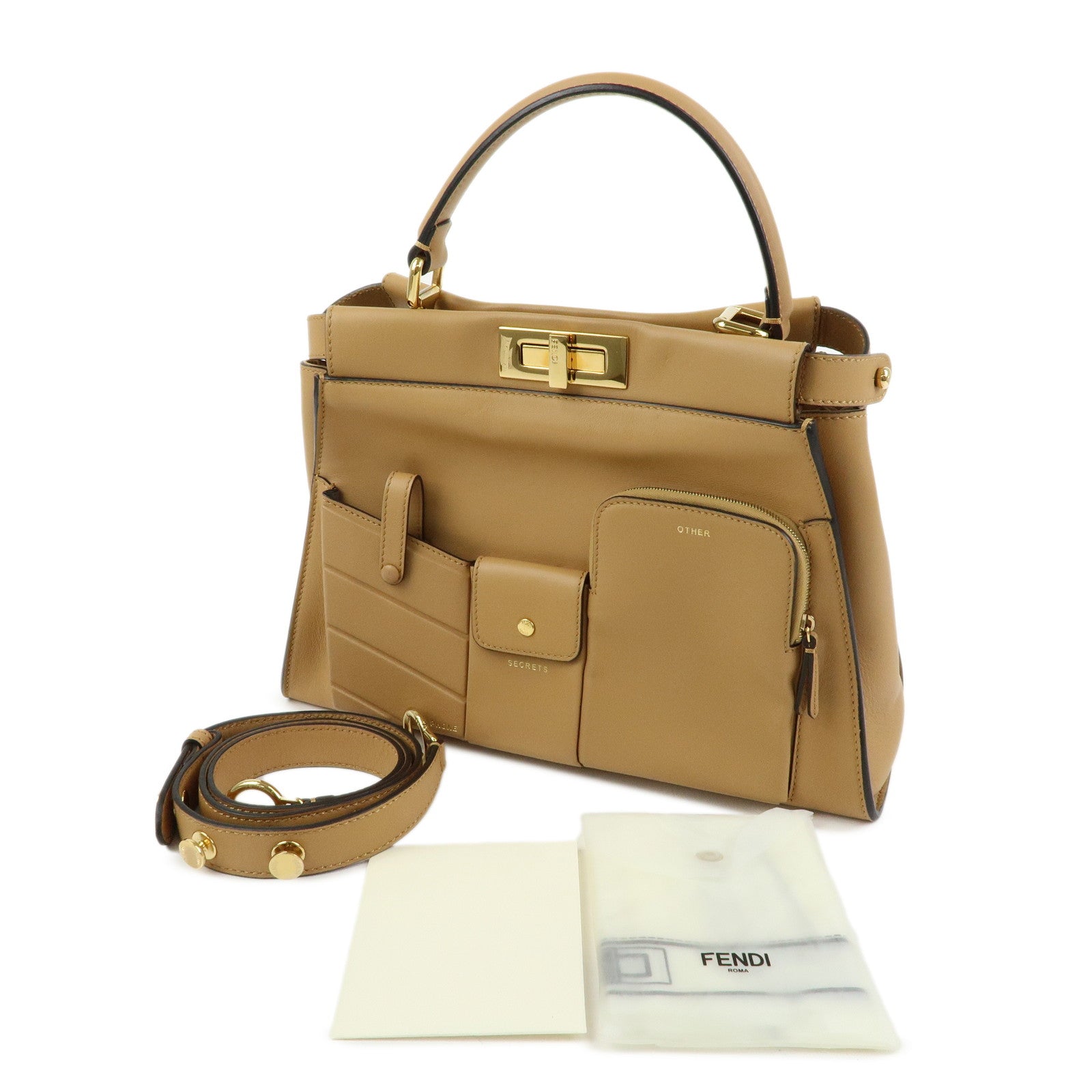 FENDI Peekaboo Leather Iconic Utility 2Way Hand Bag Shoulder Bag Beige