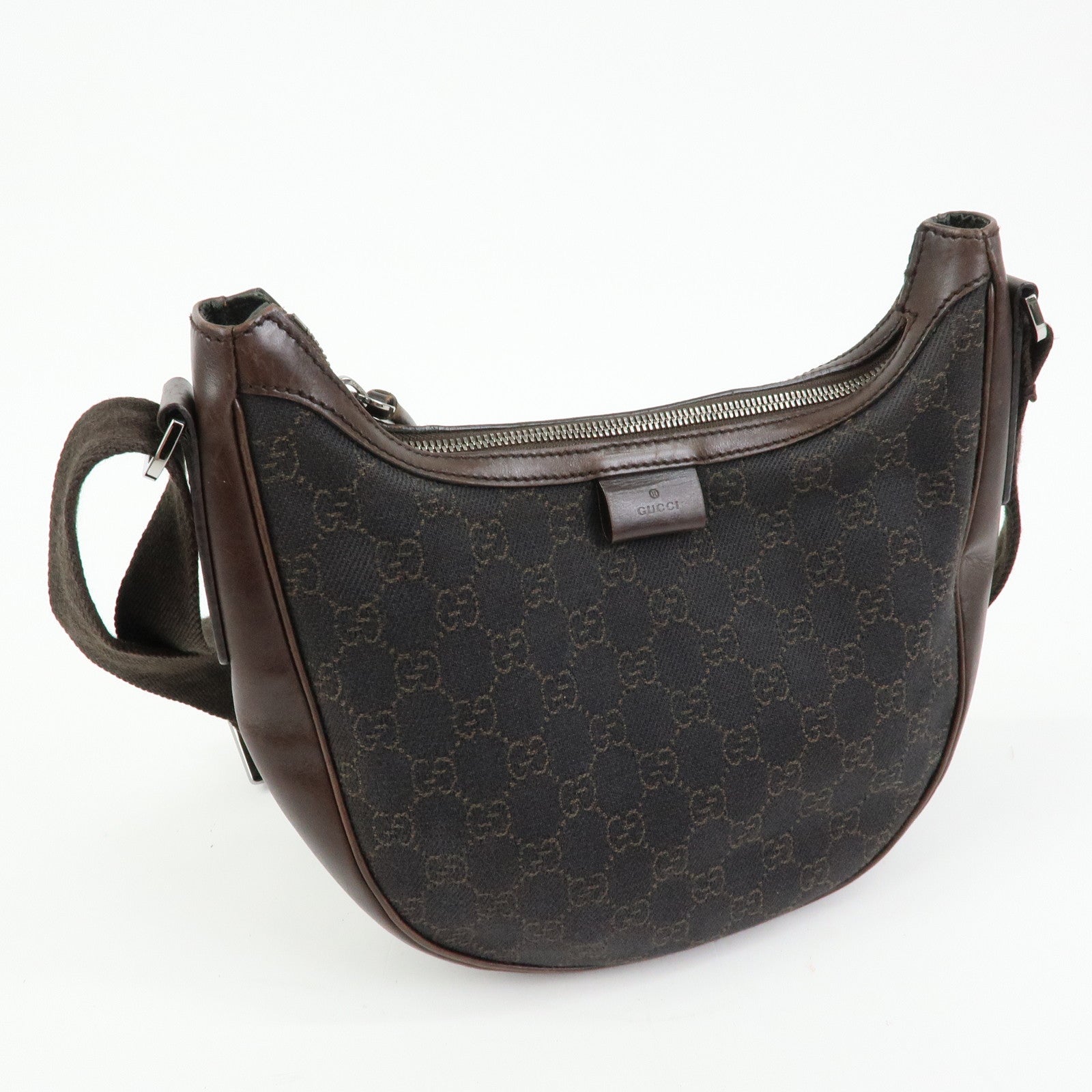 GUCCI GG Denim Leather Half Moon Shoulder Bag Dark Brown 101682