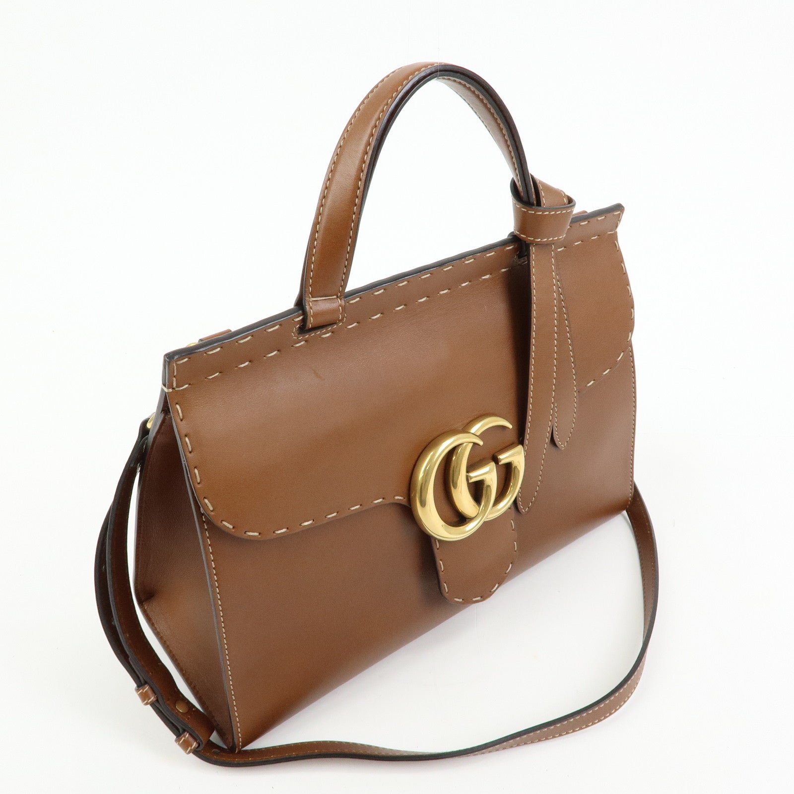GUCCI Double G Leather 2Way Bag Hand Bag Shoulder Bag Brown 421890