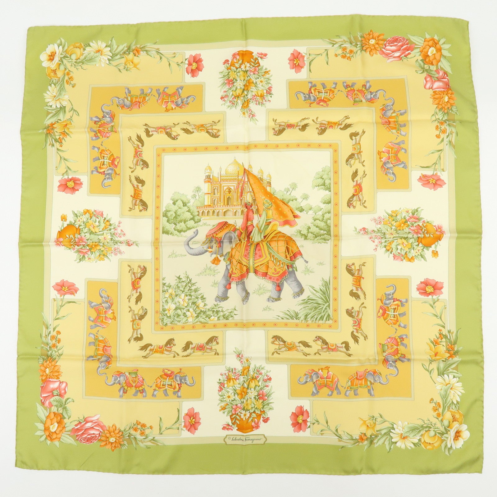Ferragamo Set of 2 Silk 100% Scarf Tiger Elephant Print Light Green