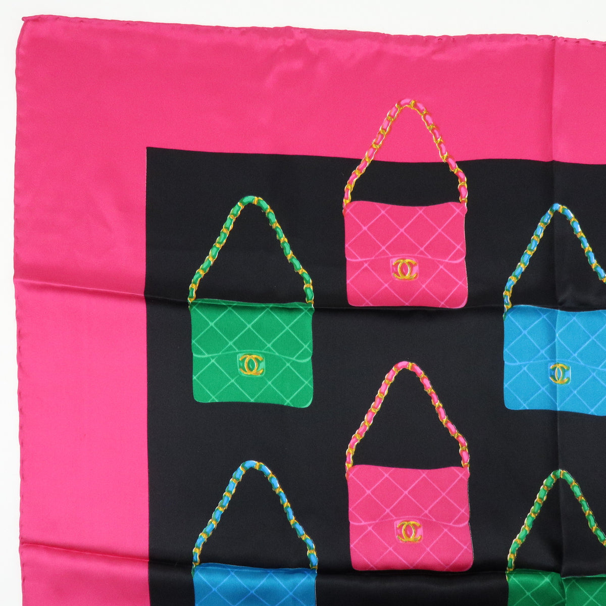 CHANEL Silk 100% Scarf Matelasse Bag Print Black Pink Green Blue
