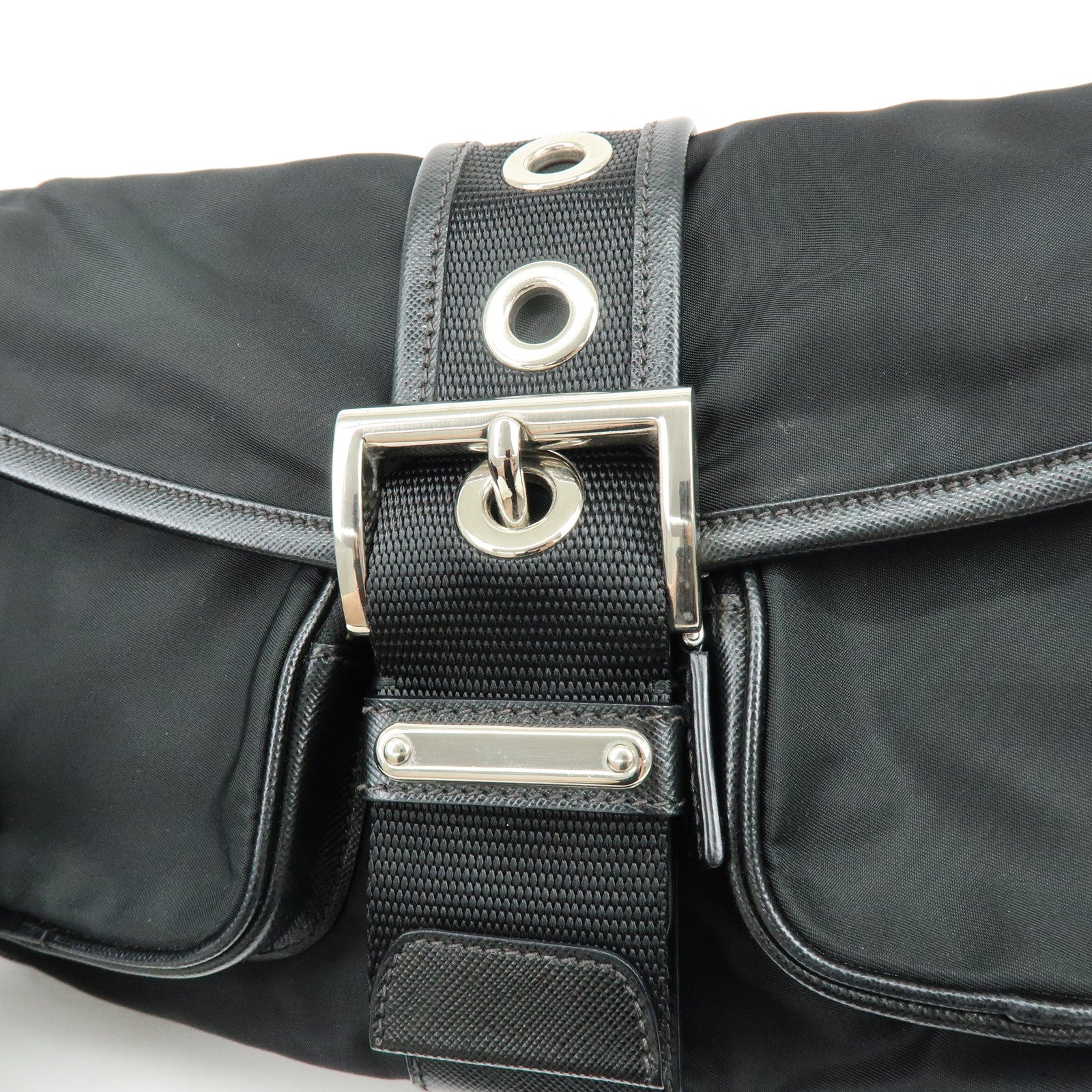 PRADA Triangle Logo Nylon Saffiano Leather Shoulder Bag Black BT0464