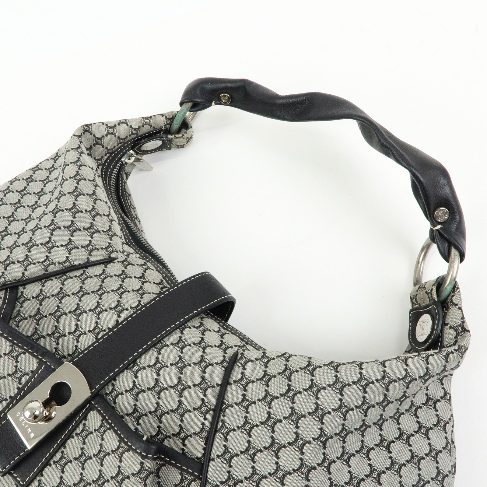 CELINE Macadam Canvas Leather Shoulder Bag Grey Black Silver