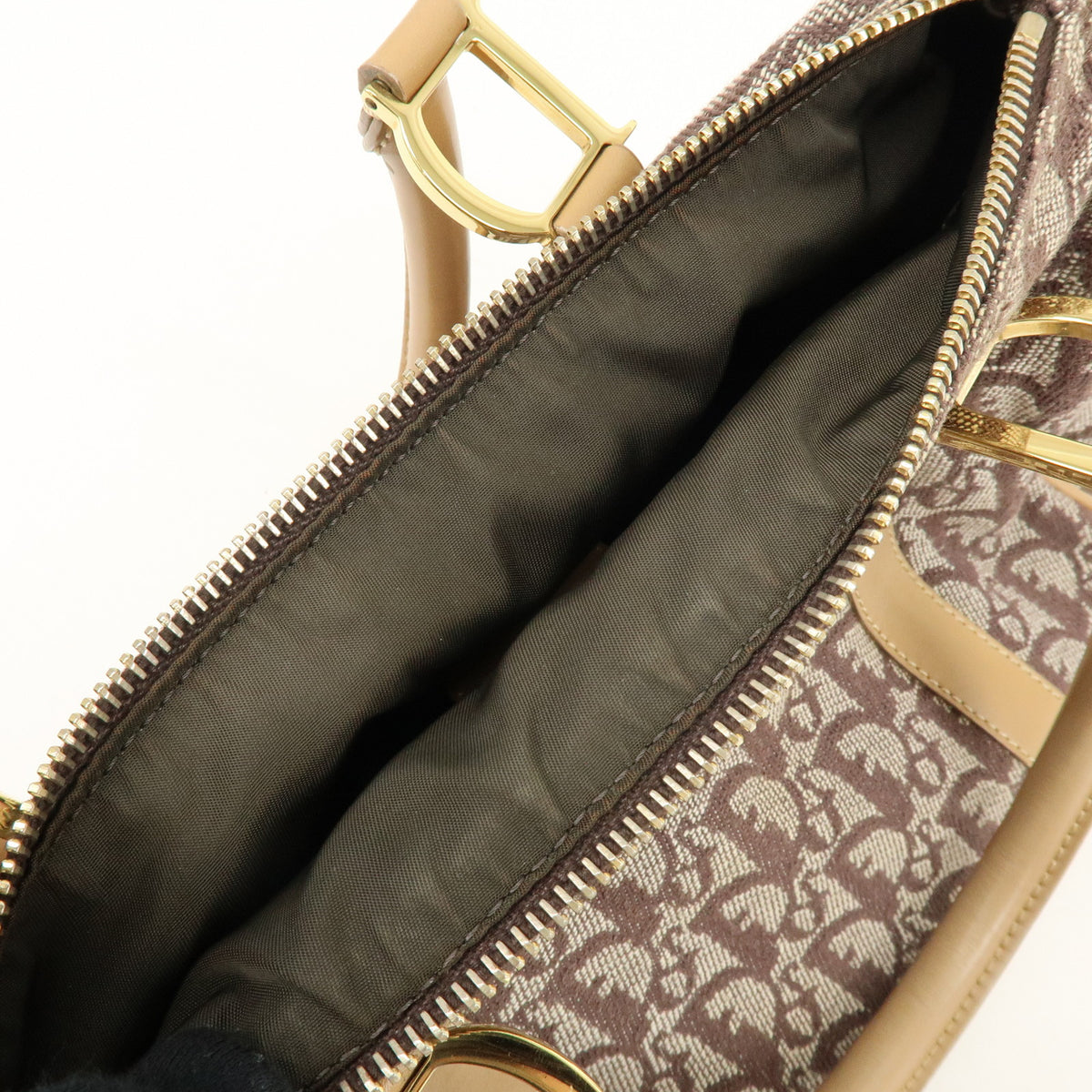Christian Dior Trotter Jacquard Canvas Leather Boston Bag Brown Beige