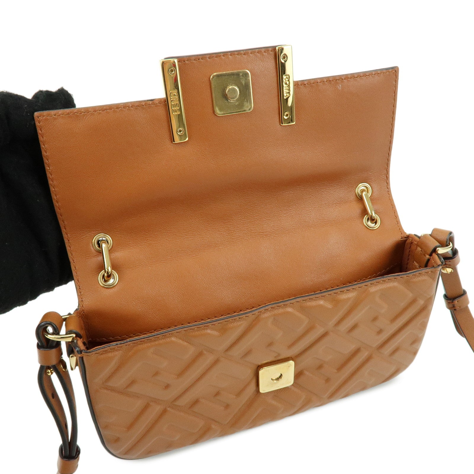 FENDI Mini Baguette Leather Phone Pouch Shoulder Bag Brown 7AS142
